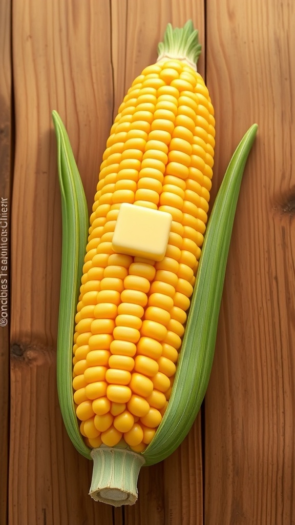 3D illustration of fresh corn on the cob with golden kernels and butter on a wooden background.